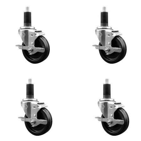 Service Caster 4'' Phenolic Swivel 1-1/4'' Expanding Stem Caster Set with Brake, 4PK SCC-EX20S414-PHS-TLB-114-4